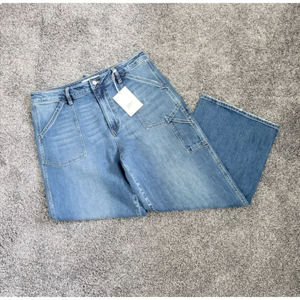 Kancan Wide Leg Cargo Jeans NWT Size 12 Medium Wash High Rise Utility Denim